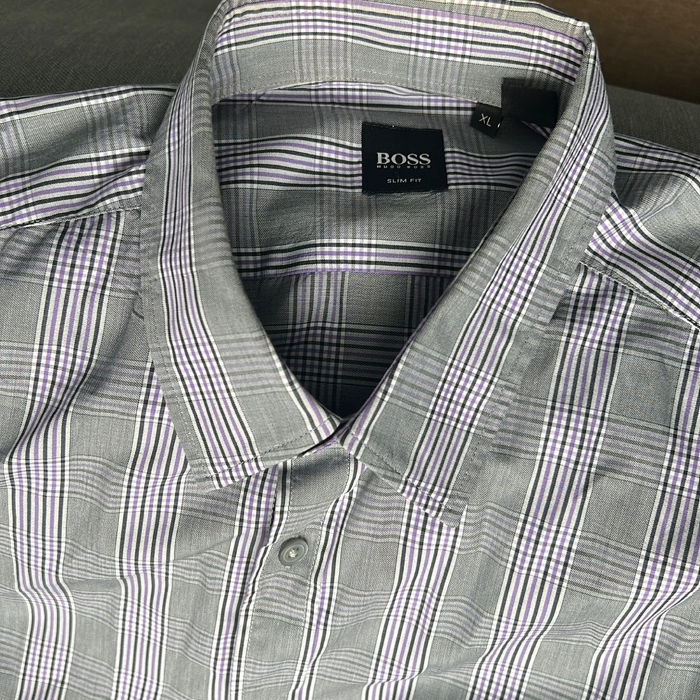 Boss black, lavender and white slim fit long sleeve button down shirt.